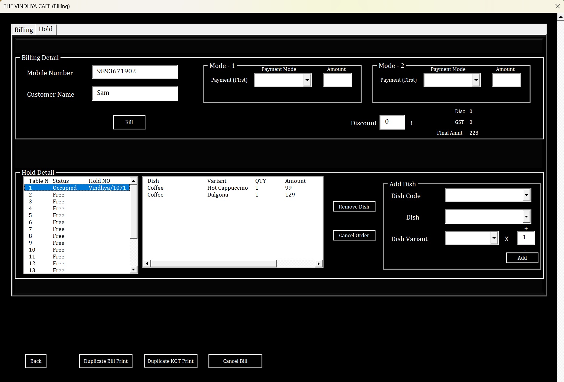Cafe Billing System Screenshot